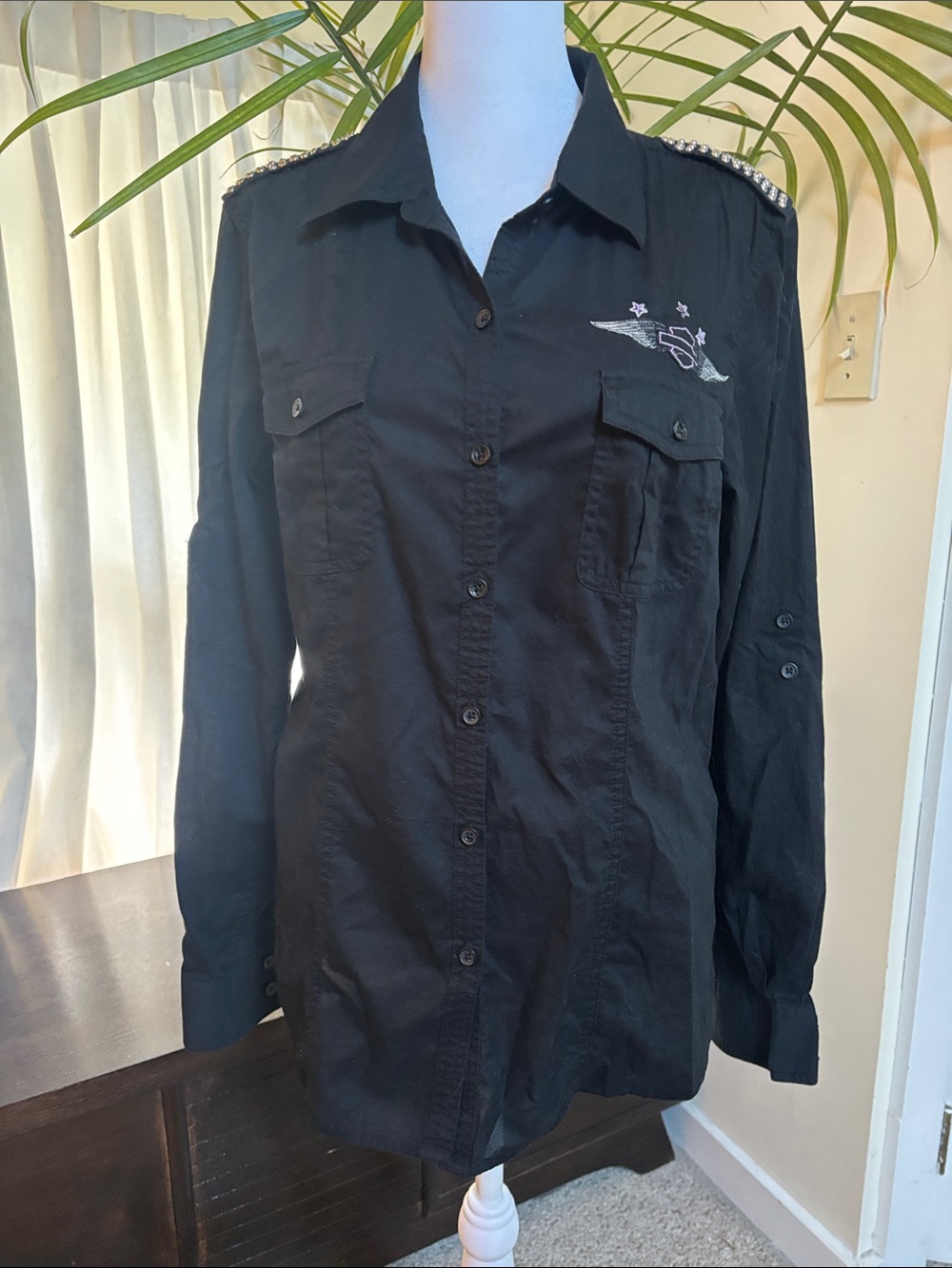 Harley-Davidson Black Button-Down Shirt with Embroidered Wing and Stud Epaulets